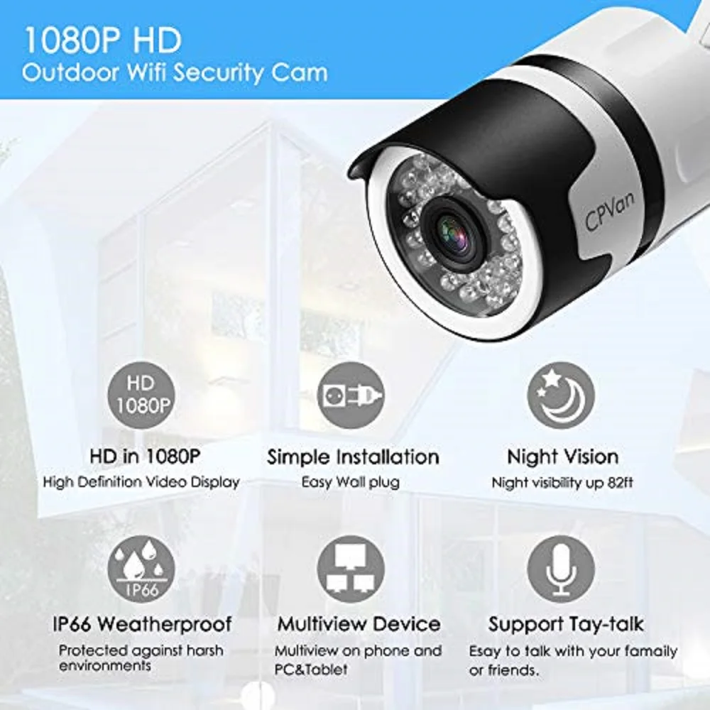 CPVAN 1080P HD Outdoor Security Camera IP66 Waterproof WiFi Bullet Camera, Wireless IP CCTV Camera System with 82ft Night Vision CPVAN 1080P HD Outdoor Security Camera IP66 Waterproof WiFi Bullet Camera, Wireless IP CCTV Camera System with 82ft Night Vision