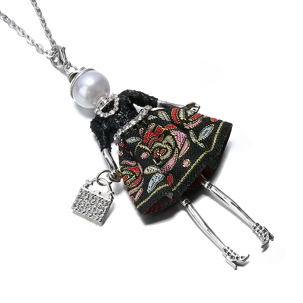 

Black Alloy Doll Necklace Women Red Hat Flower Stripe Skirt statement Necklace Long Chain Charm Jewelry Party Gift Bijoux femme