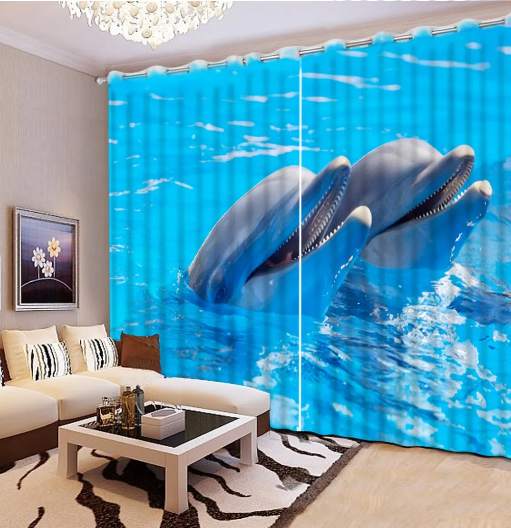 

Custom Curtains 3D Curtains Dolphin Blue Waves Beautiful Photo Home Bedroom Decoration Curtains 3D Printing