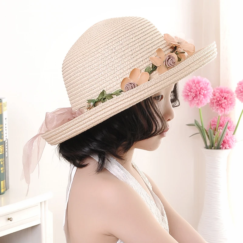 [DINGDNSHOW] 2019 الأزياء قبعة الشمس طفل زهرة قبعة صيفية لفتاة Bowknot شاطئ كاب الأطفال القش قبعة واسعة قبعة لها حواف
