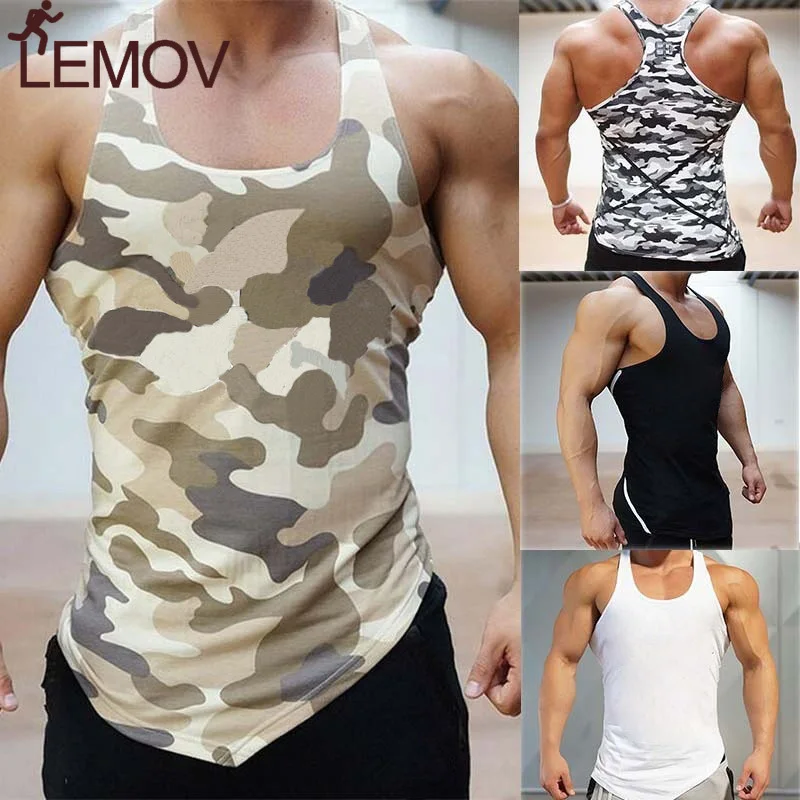 

LEMOV Summer Men Tank Top Close-fitting Vest Fitness Elastic Casual O-neck Breathable H Type All Cotto Camo Soft Running Vest