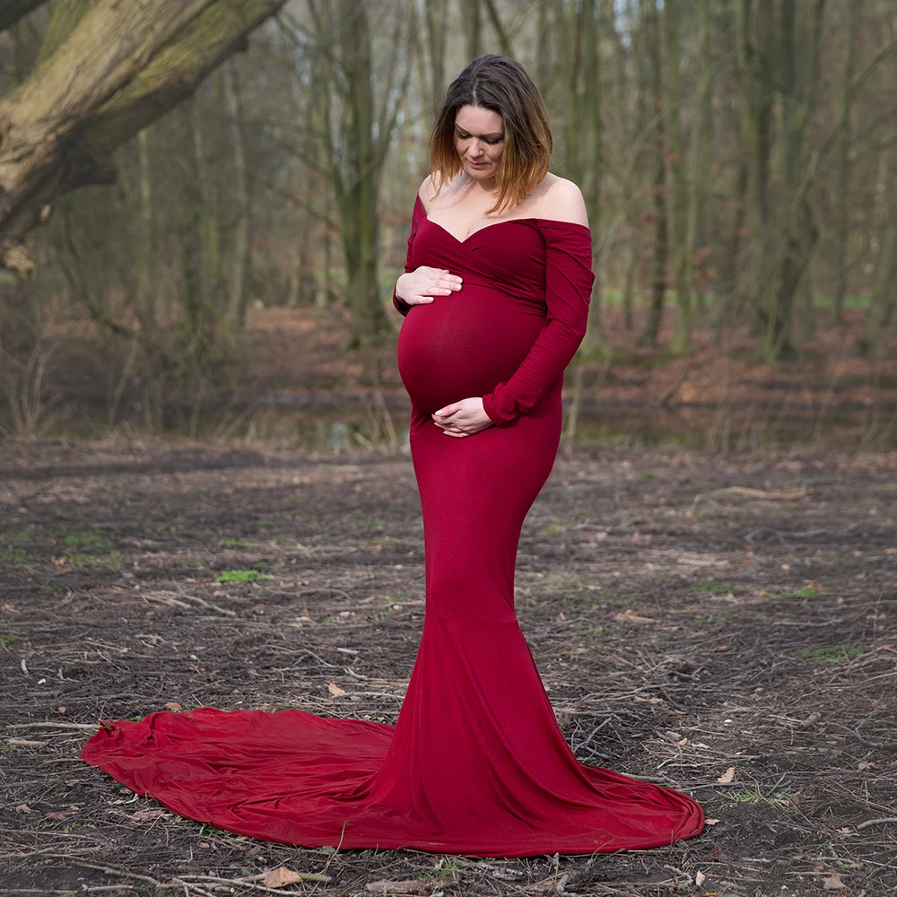 Платье для фотосессии с длинным рукавом и шлейфом из эластичного хлопка для беременных; Платье для фотосессии с открытыми плечами; элегантное облегающее платье размера плюс