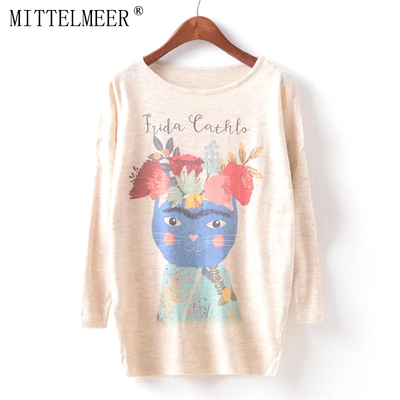 

MITTELMEER New Autumn and Spring Harajuku printed Sweaters women o-neck printing cat Sweaters tops for women