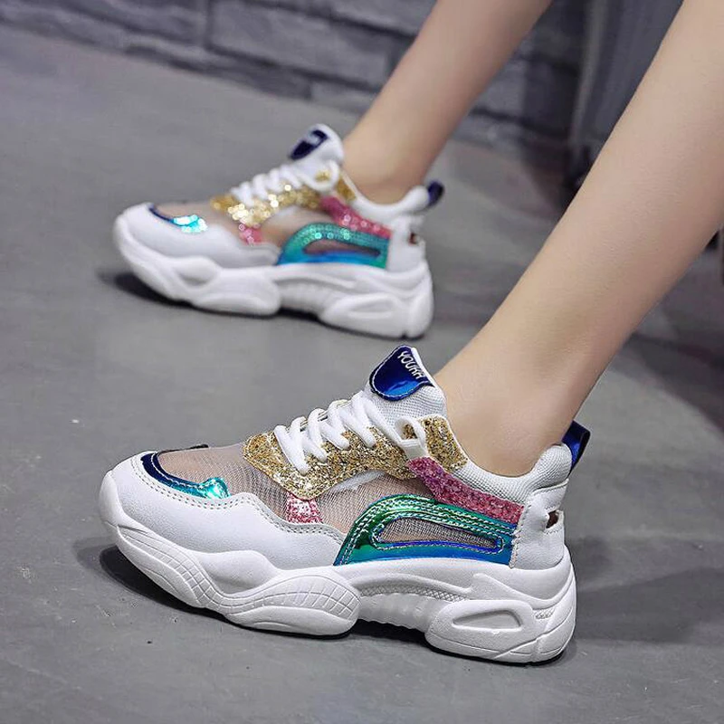 

New Summer Clunky Sneakers Women Shoes 2019 Spring Flying and Weaving Breathable Reflective Thick Bottom Leisure Shoes woman W45