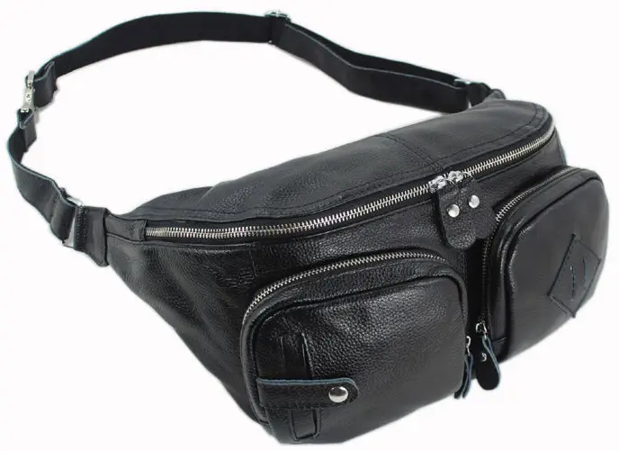 

Fashion men's genuine leather Waist Bag Leather waist pack Fanny pack belt bag cowhide Money bag pouch small shoulder bag Black