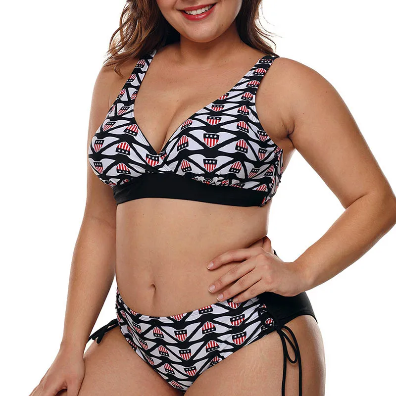 

2pcs/set Women Swimsuit Tops Panties V Neck Print Adjustable Strap Plus Size MC889