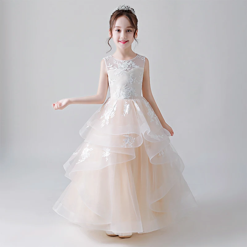 

Luxury Holy Communion Dress Layered Embroidery Flower Girl Dresses For Wedding Backless Lace Up Kids Pageant Dress For Birthday