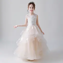 Роскошные святое причастие платье слоистых Вышивка для девочек в цветочек платья для свадьбы спинки Узелок дети Праздничное платье для