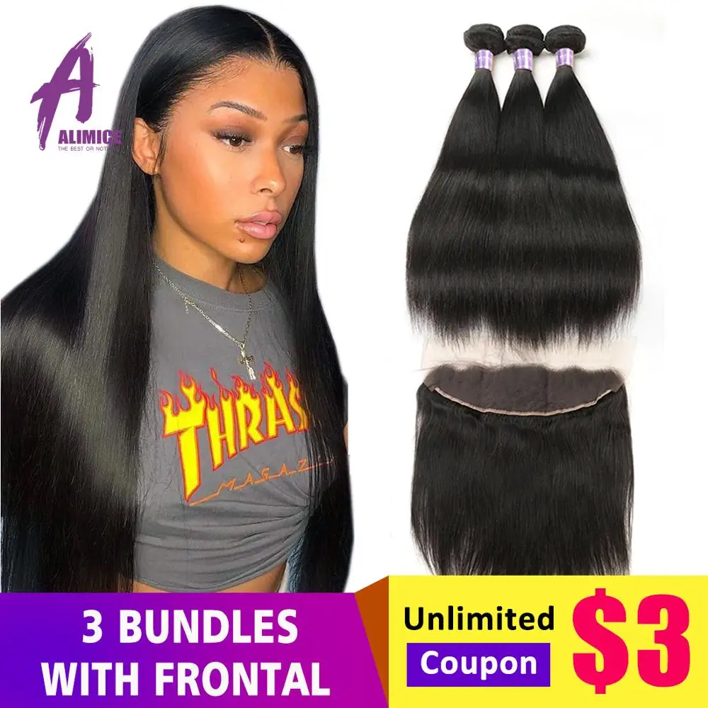 Alimice Indian Straight Hair Bundles With Frontal 13x4 Lace