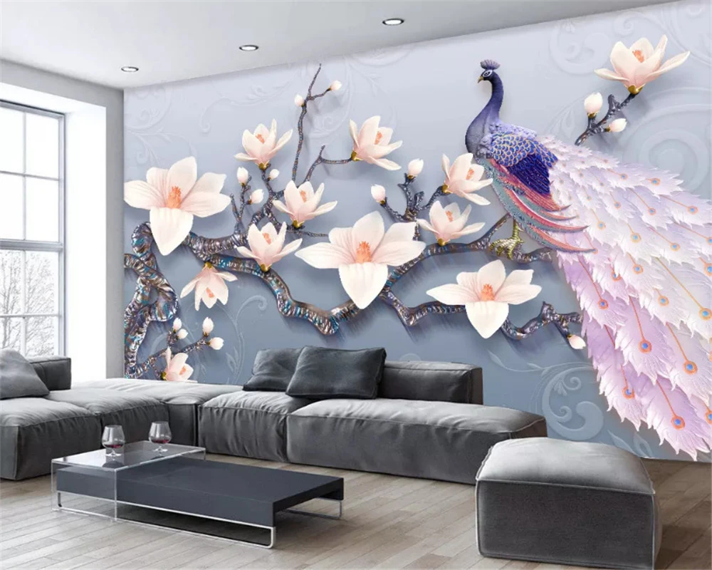 Beibehang 3d خلفيات مخصص الأزياء 3D تنقش ماغنوليا الطاووس الطازجة الأوروبية التلفزيون خلفية papel دي parede ورق حائط