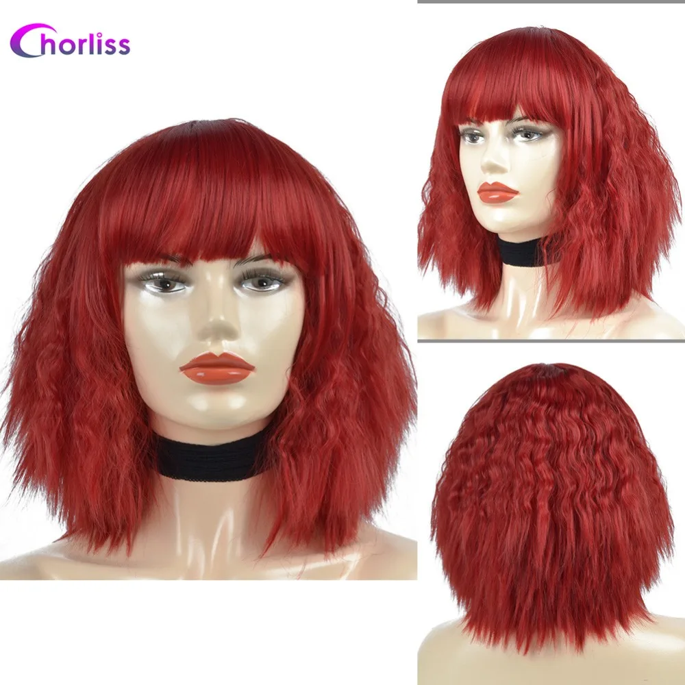 Chorliss Synthetic Wig Full Wigs Bangs Water Wave Short Women Wig Pink Blonde Gold Grey  (7)
