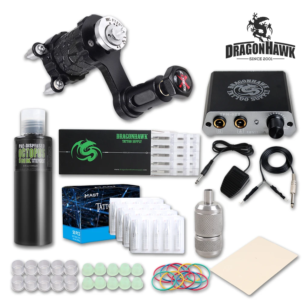 

Beginner Tattoo Kit Extreme Rotary Machine Power Supply OCTOPUS BLACK Ink