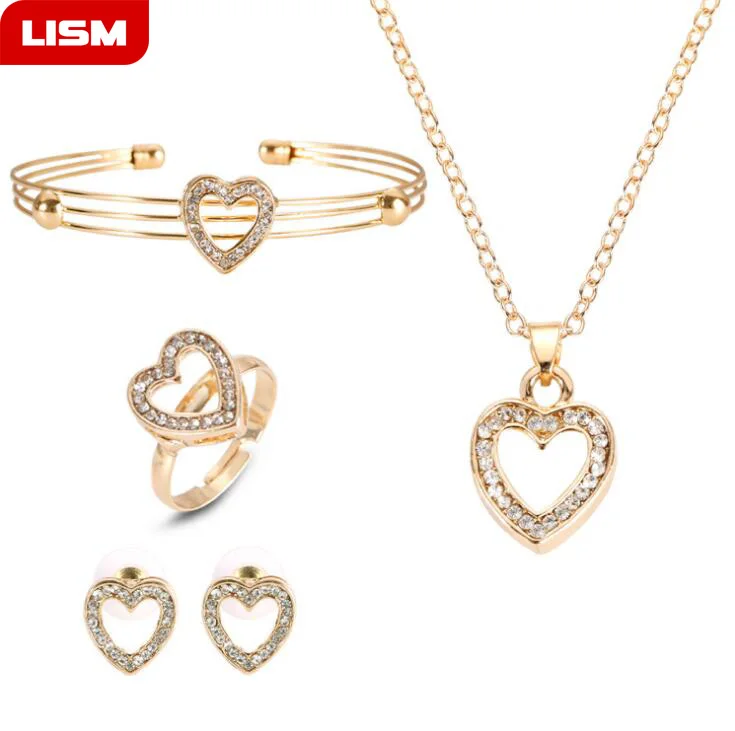 

4 Pcs/ Set Cute Heart Shaped Neclace Earrings Sets Jewelry Crystal Kid Children Lovely Gold Color Jewelry Sets for Girl Gift