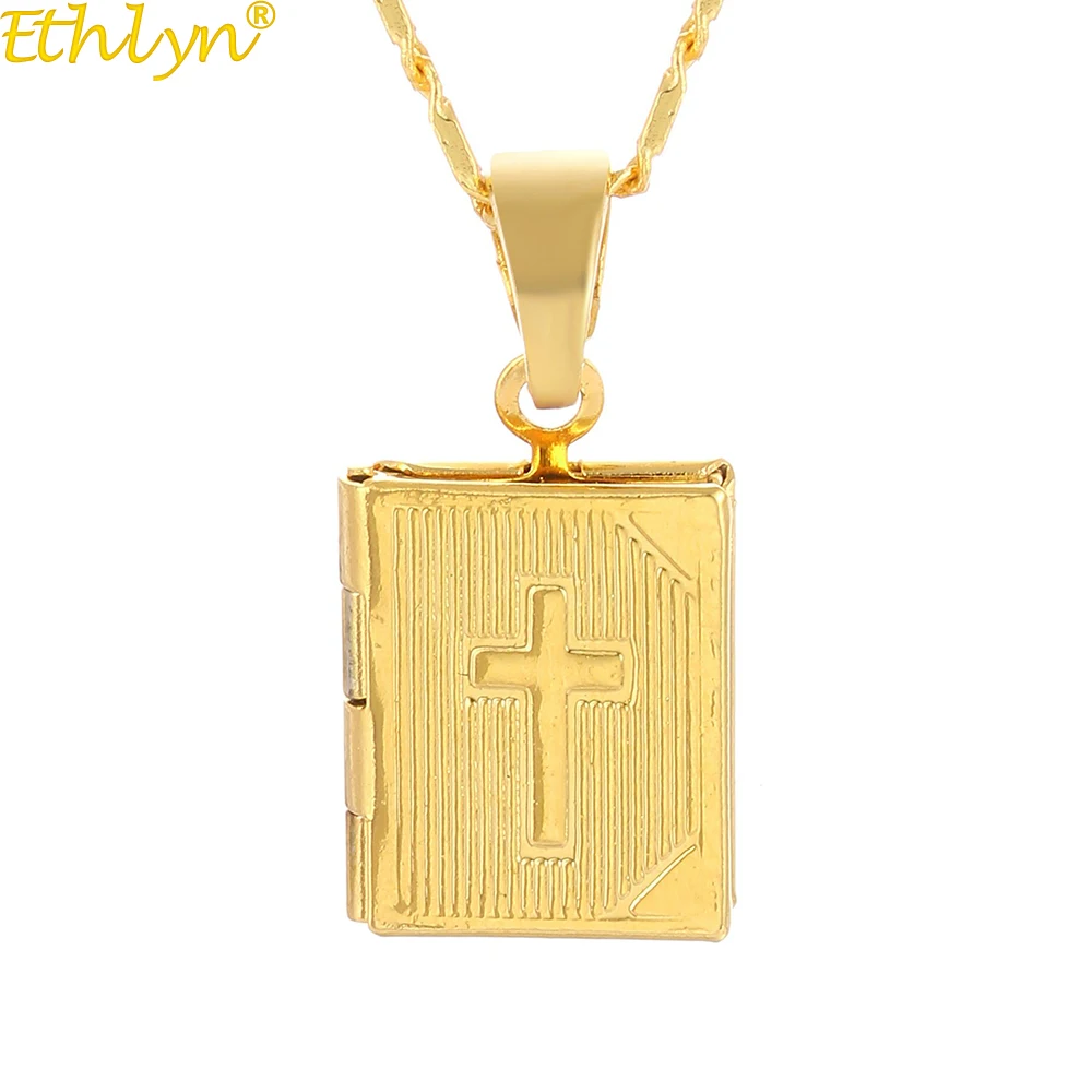 Ethlyn Small Gold Color Square Cross Book Necklace Pendants , Christian