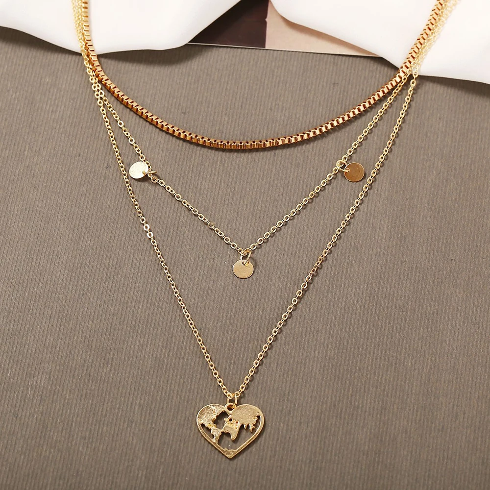 

Vintage Heart Map Pendant Women Necklace Choker Layered Necklaces Small Round Charm Trendy Fashion Indian Jewelry Boho MB001