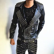Горячая панк рок группа DJ мужской певец костюм шик полный заклепки кожа мужчины певица костюмы куртка гитара шоу