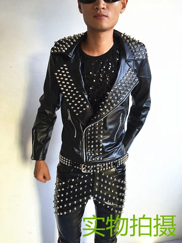 

Hot Punk rock band DJ men's singer costume non mainstream Chic Full Rivet Leather Men singer costumes jacket Guitar Show