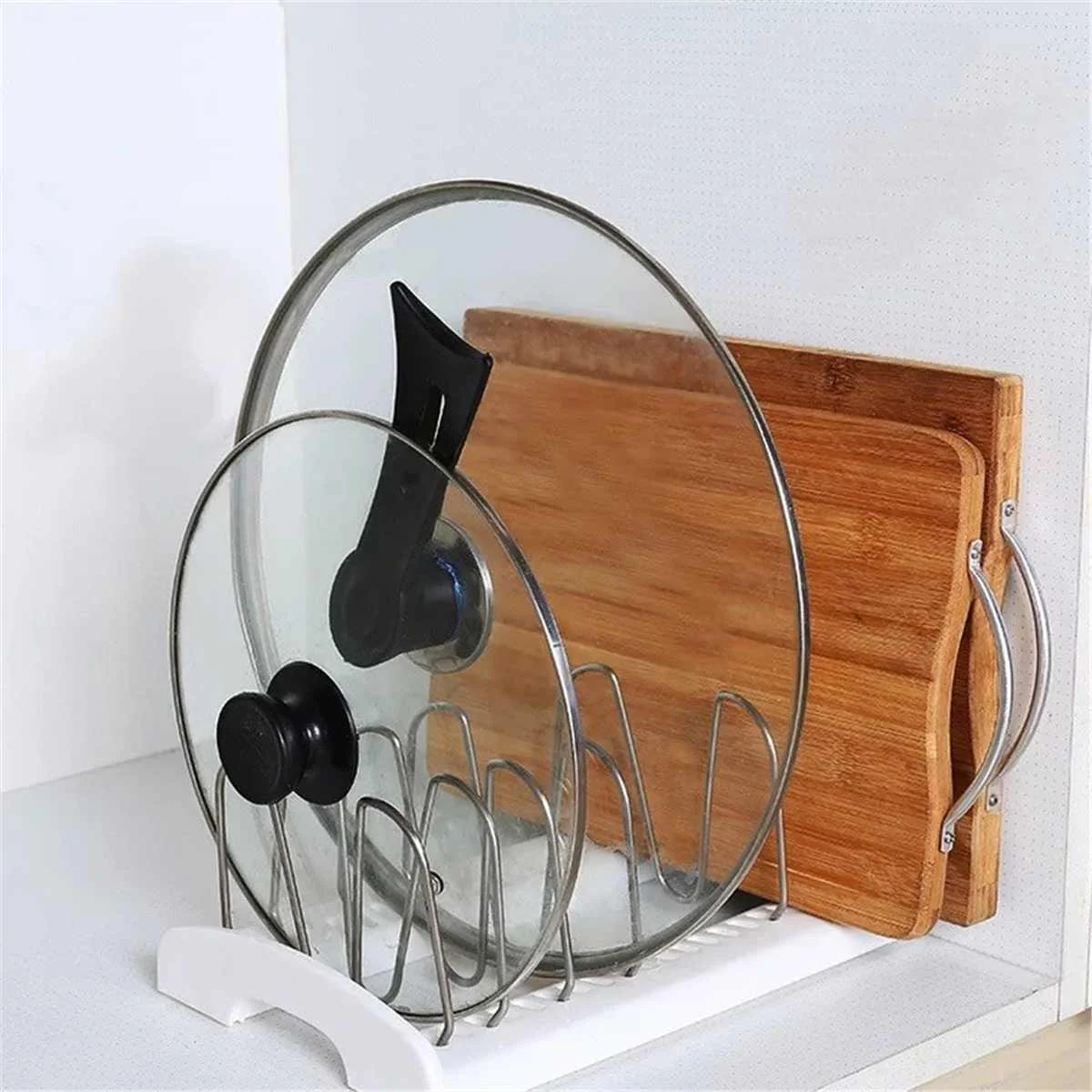 

Stainless Steel +PP Storage Rack Pot Lid Rack Pan Cutting Board Stand Holder Organizer Adjustable Length Kitchen Supplies
