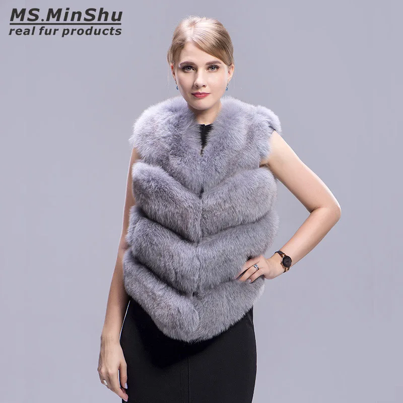 Ms De Femelle Gilet Renard Outwear Luxe Fourrure Minshu Sans Réel Naturelle Veste Manches Manteau Véritable grtRrY