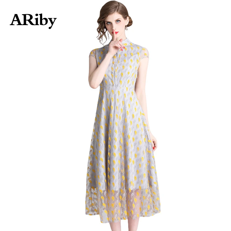 

ARiby Temperament Women Print Dress Summer Long Mesh Dress 2019 New Office Lady Short Sleeve Stand Collar Mid-Calf A-Line Dress