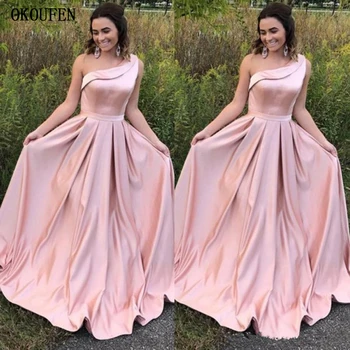 

Pink Prom Dresses 2019 A Line One Shoulder Elegant Formal Satin Wedding Party Gowns vestidos de fiesta largos elegantes de gala