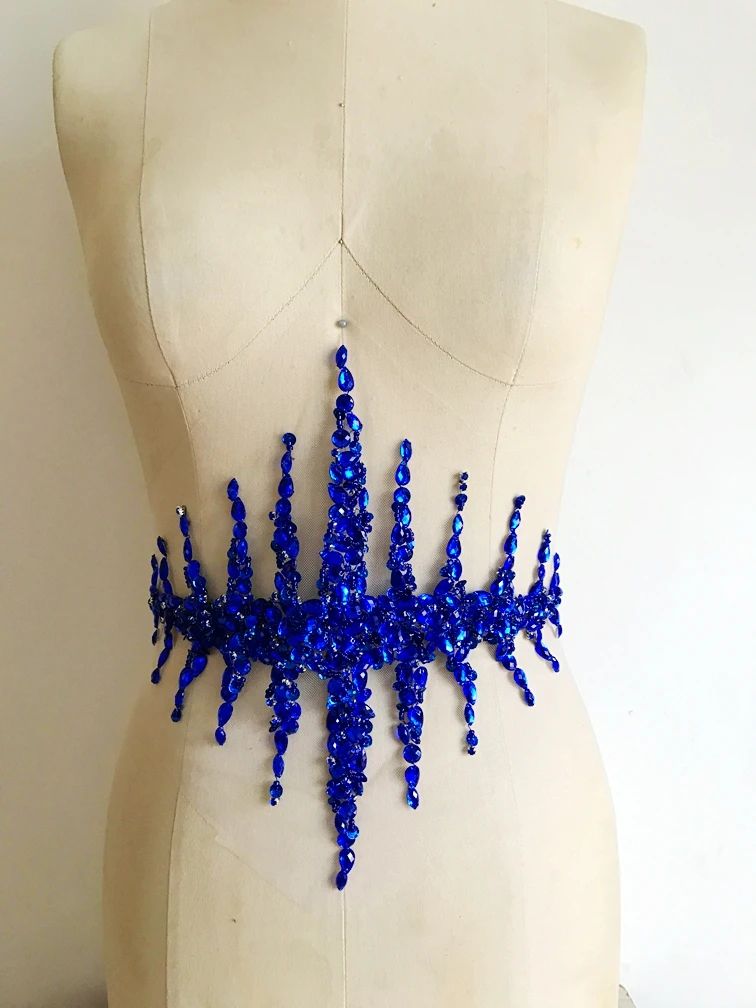 

Free shipping handmade crystal patches trim sew on royalblue rhinestones applique on mesh 33*20cm for dress accessories