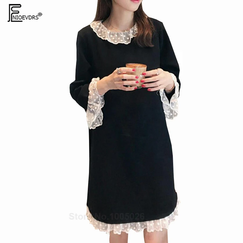 

Plus Size Loose L-4XL New Arrival Autumn Vintgae Women Fashion Lace Flare Sleeve Faux Two Piece White Black Elegant Dress 9162