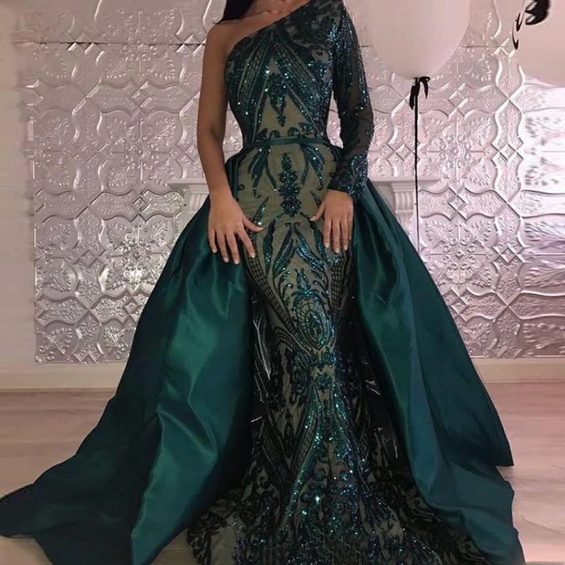 Luxury Dark Green Evening Dresses 2018 One Shoulder Zuhair Murad Dresses Mermaid Sequined Prom Gown With Detachable Train Custom Made259