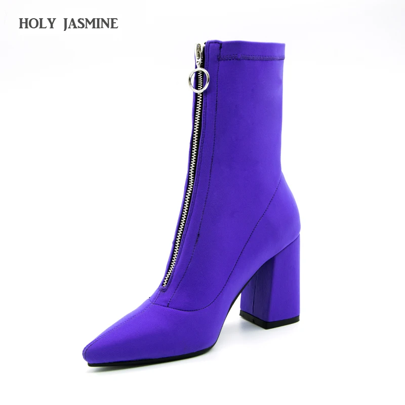 Baratos Botas de calcetín de otoño 2018 para mujer, botas altas elásticas, puntiagudas, de tacón alto, botas de tobillo púrpura, zapatos de tacón cuadrado para mujer