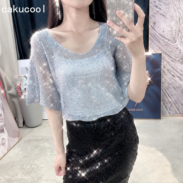 

Cakucool Sequined Knitted T shirts Summer Women Short Flare Sleeve Tee Shiny O-neck Casual Loose Jumpers t shirt Femme Silver