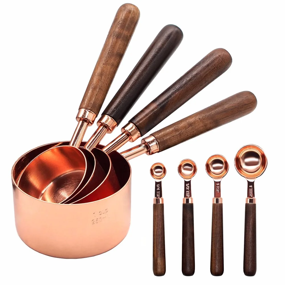 Measuring Cups and Spoons Set with Wood Handle Stainless Steel 8 PIECE