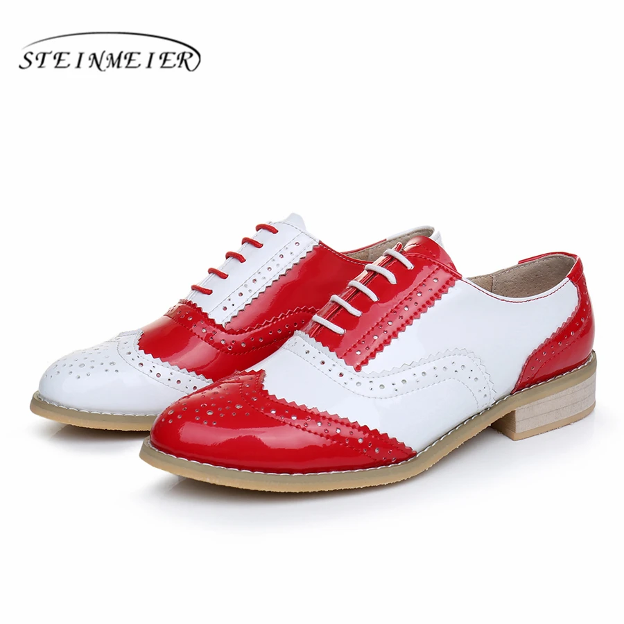 Genuine Leather Women Oxford Shoes Flats Round Toe Handmade Flat Shoes Pink Lace Up Vintage Woman Spring Summer
