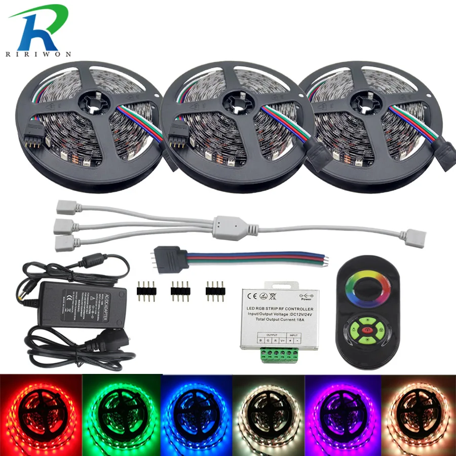 

RF Touch controller SMD 5050 RGB LED Strip light 15M Flexible neon led Diode Tape Ribbon Strip DC 12V with Adapter EU US UK set