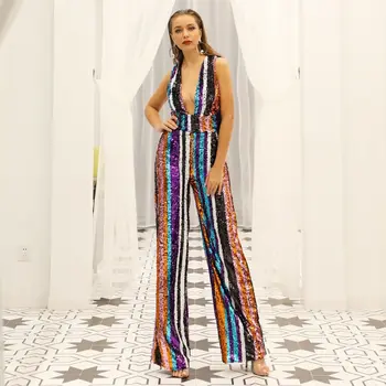

Top Quality V Neck Strap Women Jumpsuits Celebrity Vintage Elegant Backless Evening Party Jumpsuits