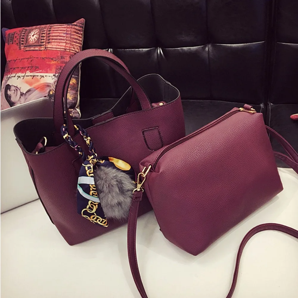 

Miss Lulu 2 Pieces Women Purses and Handbags Fur Ball Ribbon Shoulder Bags Ladies Burgundy PU Leather Top-handle Totes Bag E1913
