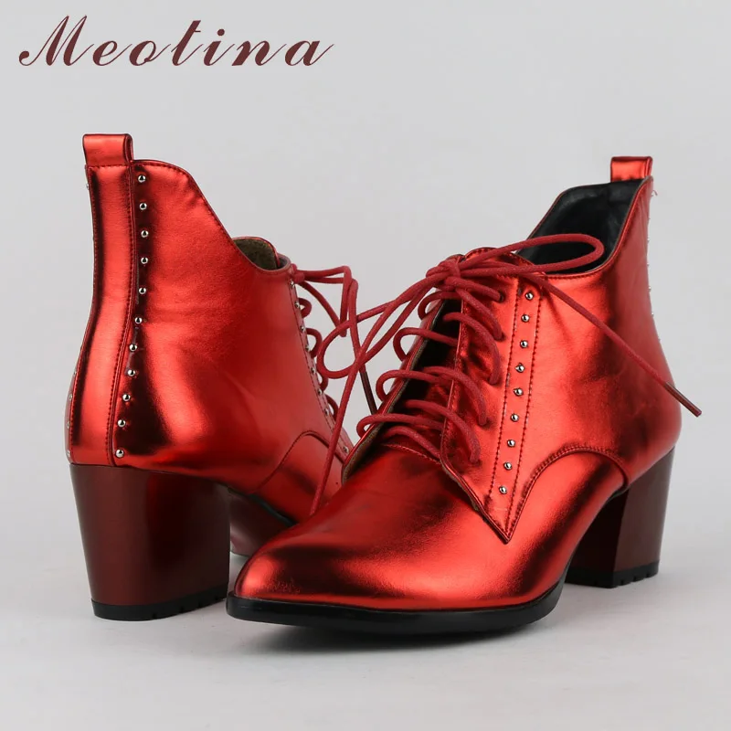 Meotina/зимние ботинки женские ботильоны с острым носком Короткие женские ботинки на шнуровке, с заклепками, на не сужающемся книзу массивном каблуке Женская обувь красного цвета, большие размеры 33-43