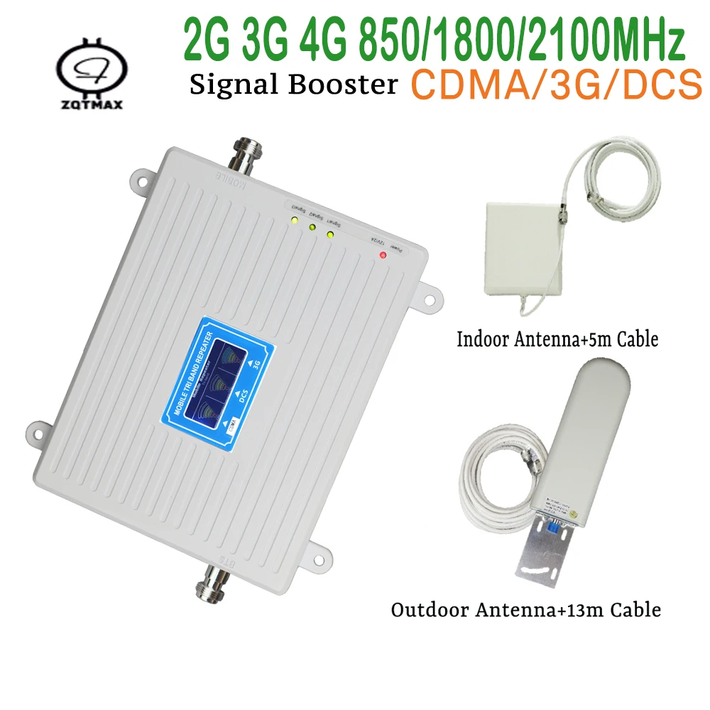 Tri BAND 850 / 1800 / 2100mhz 2G 3G 4G Smart cell phone signal booster mobile signal repeater amplifier kit with indoor antenna