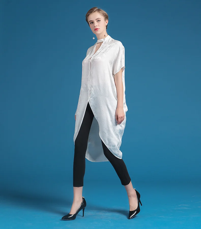 VOA 2018 летние шелковые жаккардовые нерегулярные дизайн блузка Мода короткий рукав свободно краткое Для женщин белая офисная рубашка BZJ00201