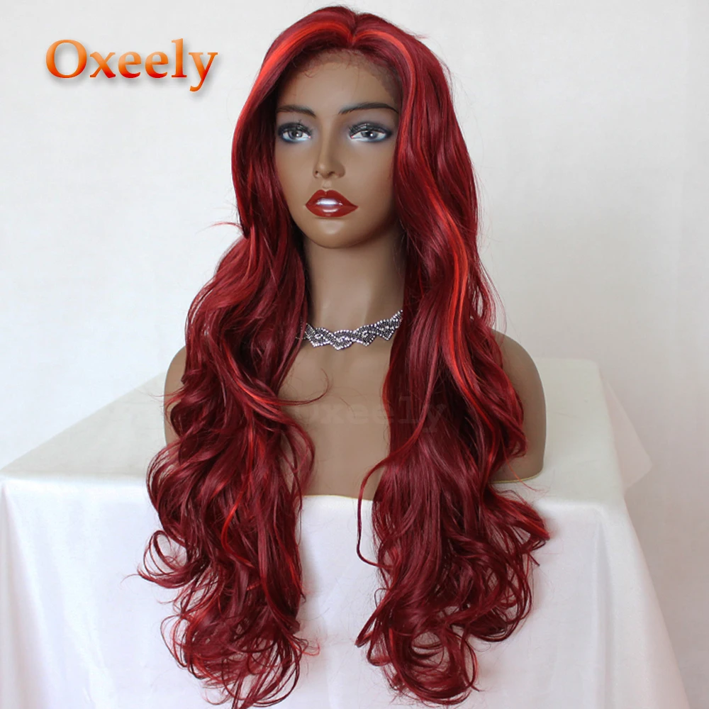 Oxeely Body Wavy Synthetic Lace Front Wig Long Hair Red/Burg Hair Free/Side Part Glueless Front Lace Wigs for Black Women