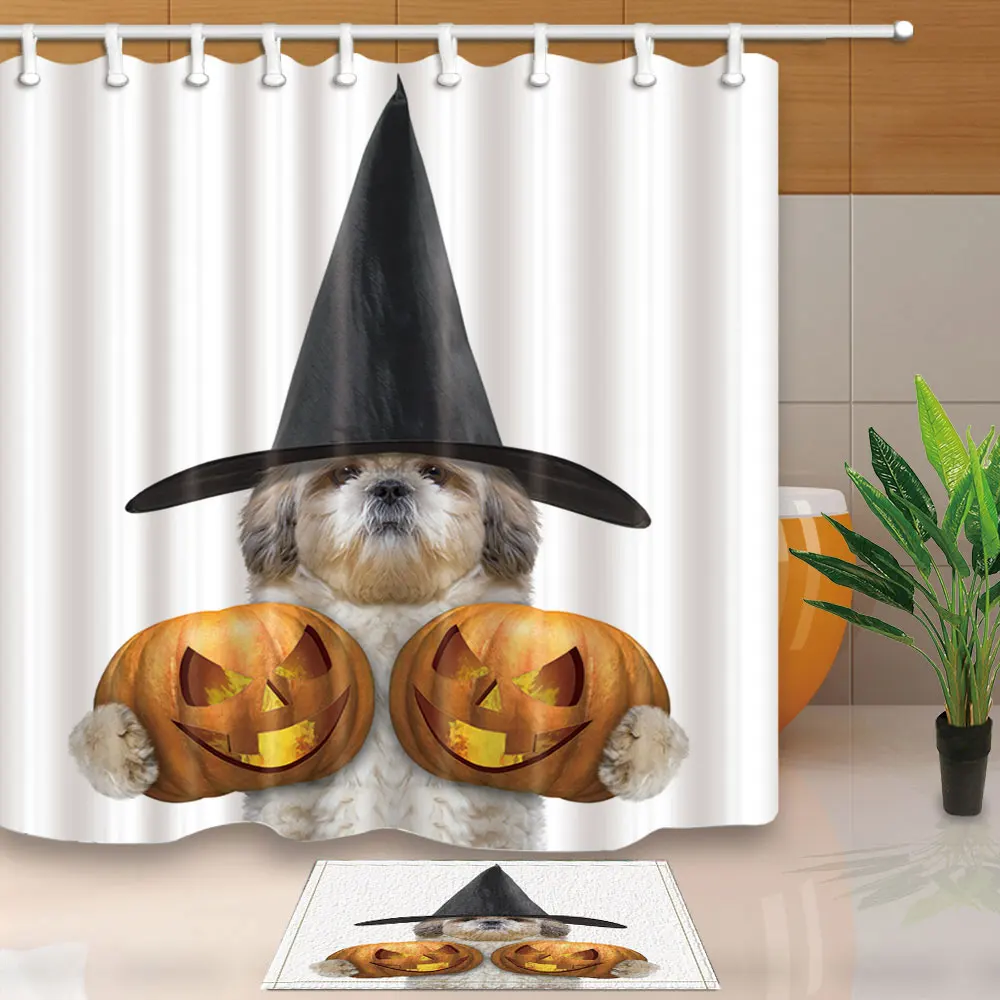 Halloween Shower Curtains Funny Dog with Pumpkin Polyester Fabric Bath