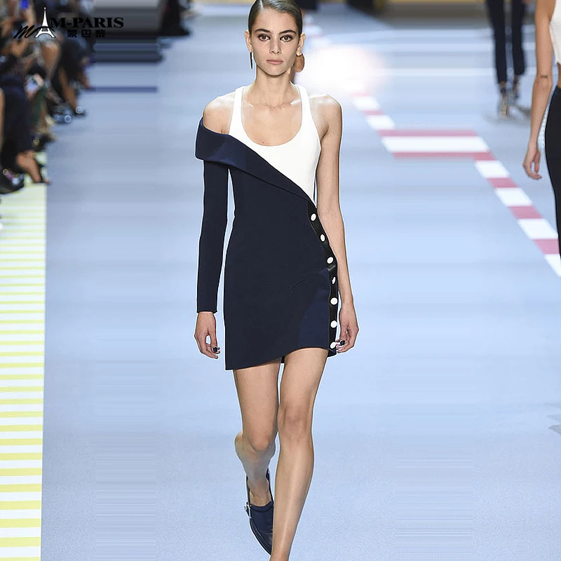 2017 One Shoulder font b black b font white Leather patchwork one side buttons above knee