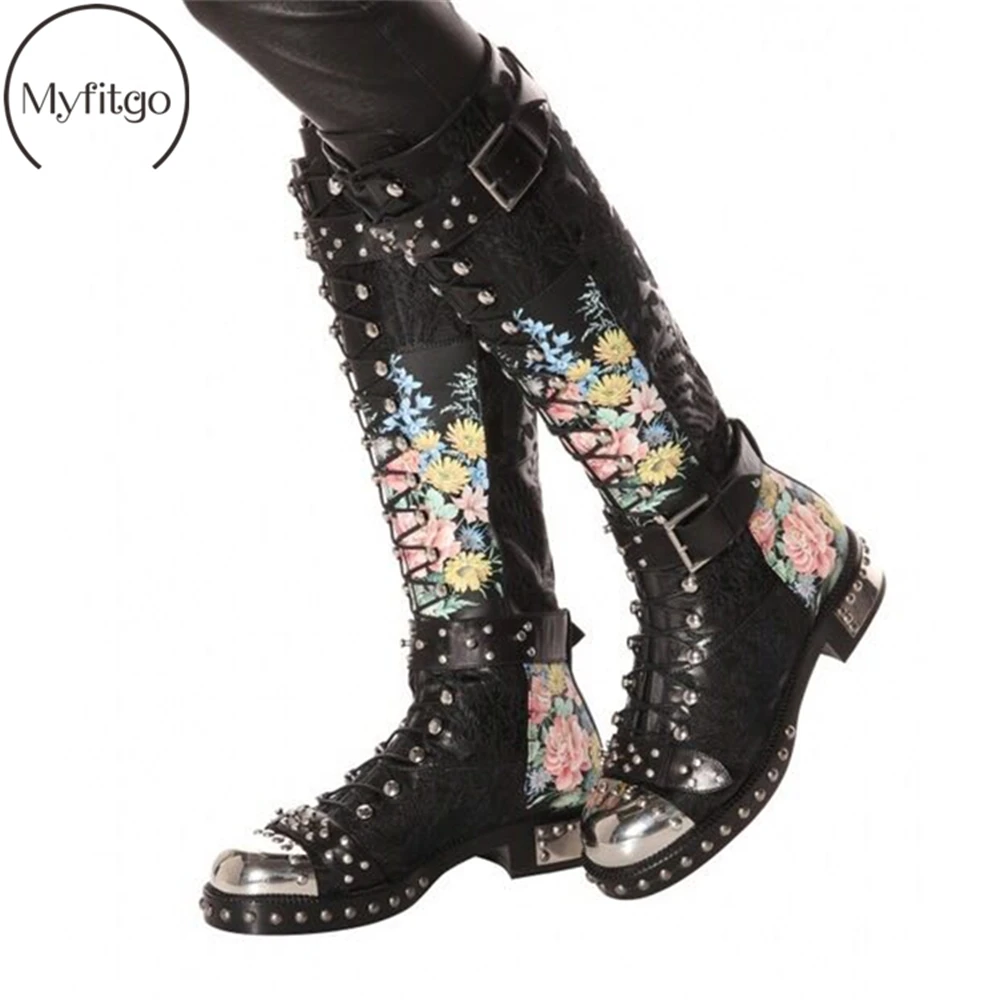 Block Zipper Kniehohe Studs Black Up Echt Heels Floral Damen Weibliche Niet Lange Leder Stiefel floral Frauen Schwarz Lace Schaft Kuh z7nxv7S