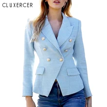 Светильник, синий пиджак, новинка, Модный женский двубортный блейзер с зубчатым вырезом, для работы, офиса, женщин, пальто, Chaqueta Mujer