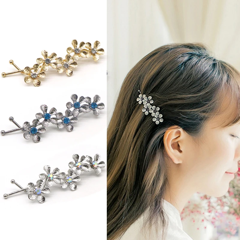 Metal Hairpin Plum Floral Hair Accessories for Women Girls Rhinestone