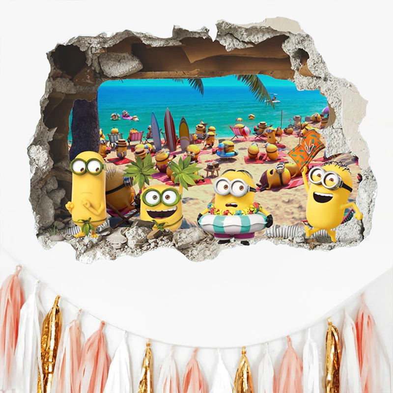 

3Dview Yellow Boy On Holiday Smashed Window Wall Stickers Baby Kids Room Decorative Pvc Decal Home Mural Art Poster