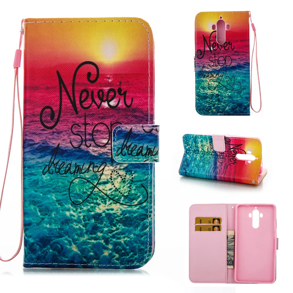 Never Stop Dreaming Leather Flip Stand Wallet Holder + Hand Strap Pouch Skin Cover Case For Huawei Mate 9 Mate9 4G Funda Capa |