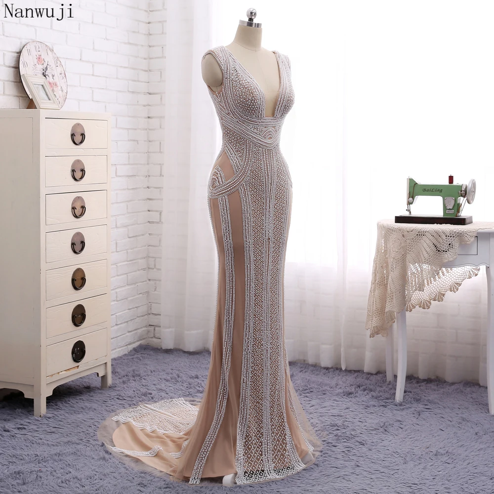 Najtaniej Prawdziwe PhotoLuxury szampana Mermaid suknie wieczorowe z gruszkami Sweep pociąg świecący suknia wieczorowa Robe De Soiree 2018 w magazynie