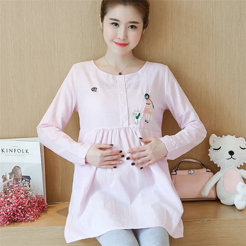 

Spring Europe Pregnant Women O Neck Long Sleeve Embroidery Striped Blouse Tees Maternity Cotton Loose Shirts Pregnancy Clothes