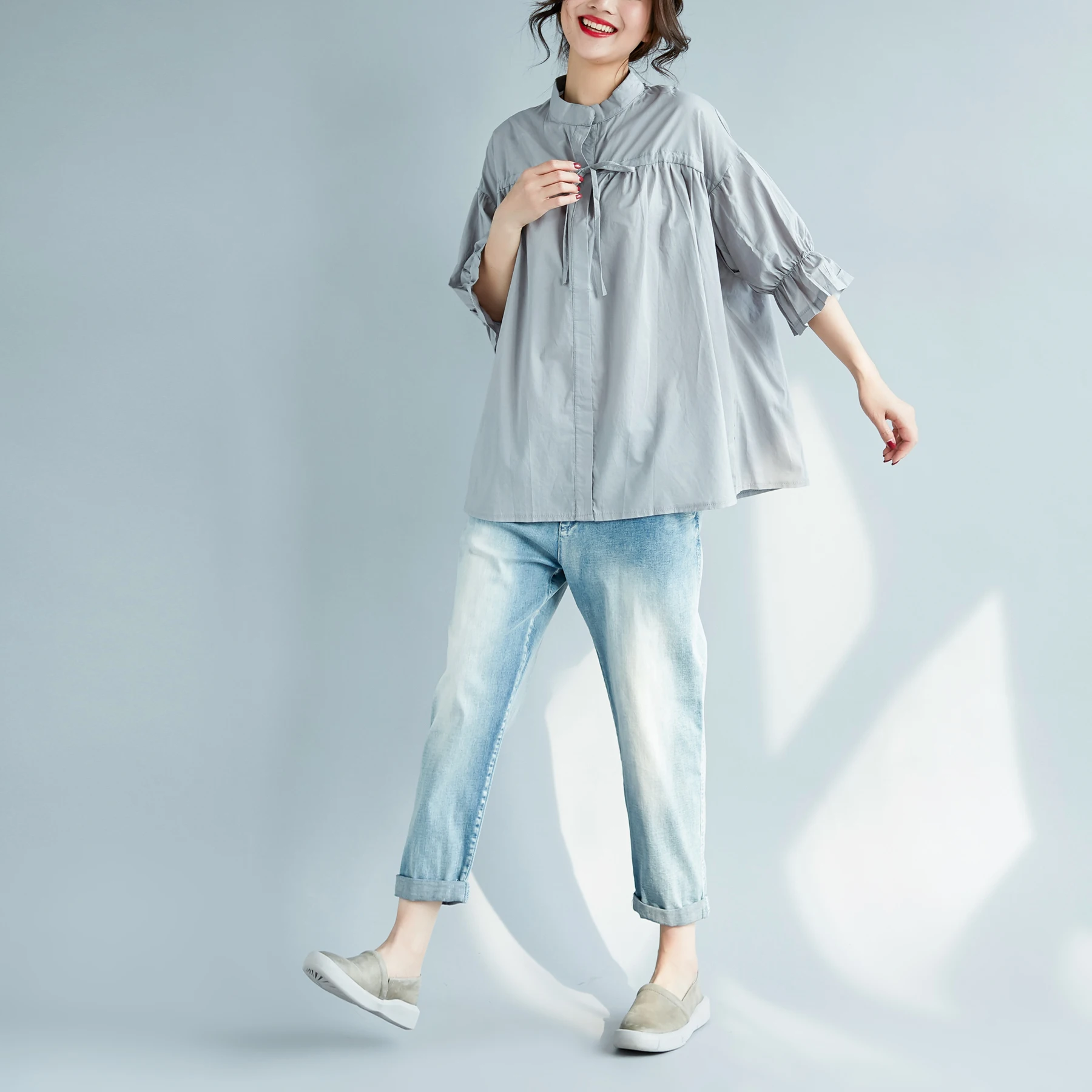 

plus Size Women Blouse Shirts Office Lady Basic Tops Cotton Linen Female Clothes Literary Loose Lantern Sleeve Summer Shirts