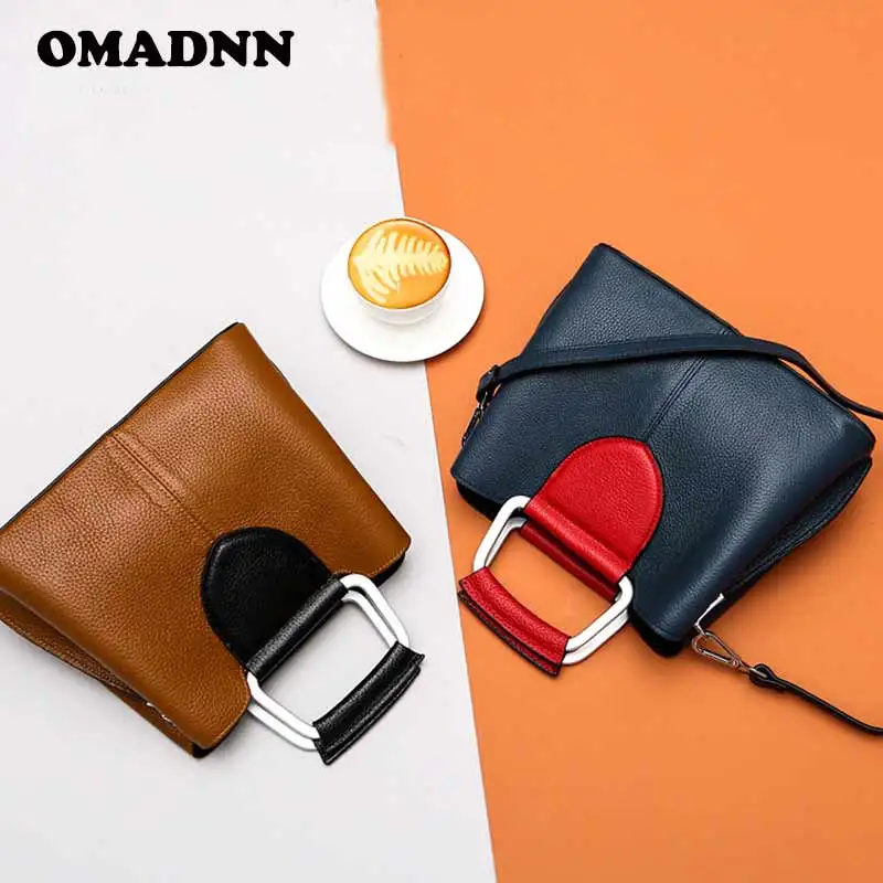 OMADNN Brand Fashion Women's Shoulder Handbag Genuine Leather Casual Soft Leather Crossbody Retro Totes Bag Four Color/black omadnn women s handbag fashion shoulder bag casual simple totes femme crossbody messenger high quality leather square black bag